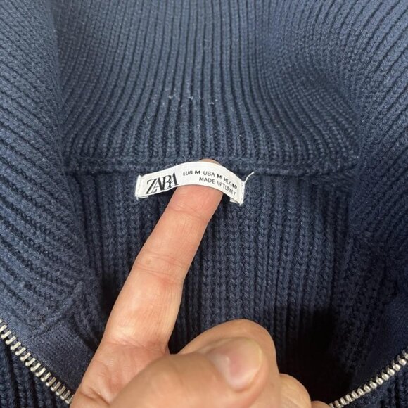 Zara Sweater Mens Medium Blue Knit Mock Neck Pullover 1/4 Zip Cotton Turkey - Picture 2 of 7